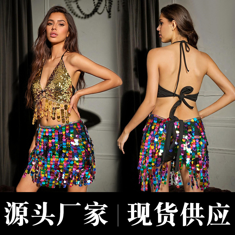 2025 New Belly Dance Waist Scarf, Sequined Tassel Hip Scarf Short Skirt, Sexy Nightclub Performance Clothing, Indian Dance Hip Scarf