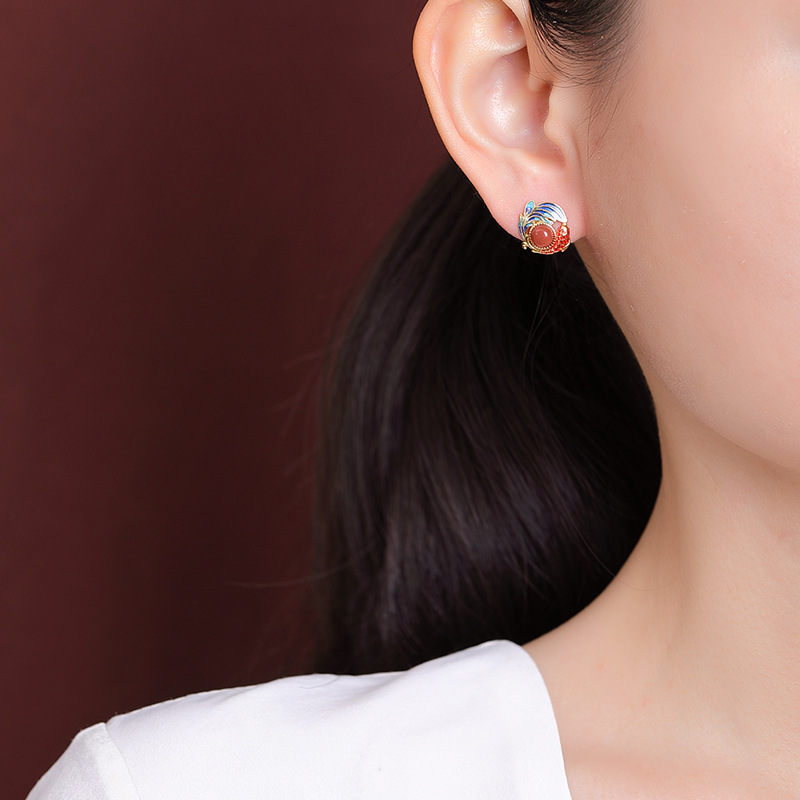 Khuyên tai nữ bạc S925 mạ vàng đính đá ngọc bích hình cá chép men retro — Mẫu đỏ nam