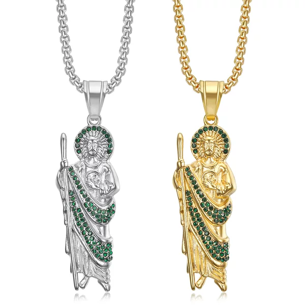 European and American Cross-Border New Hip-Hop Hiphop Jewelry Titanium Steel Gold-Plated Green Diamond Saint Jude Pendant Necklace