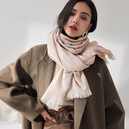 Women's  New Light Color Striped Checkered Fringe Winter Fresh Scarf Sweet Fake Cashmere Scarf Available for Wholesale