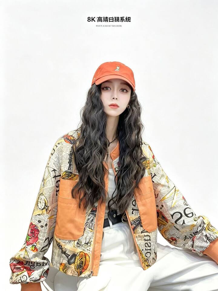 Áo khoác cardigan nữ dáng rộng họa tiết retro in 3D cổ đứng khóa kéo — Màu cam, Màu hồng chi tiết 10