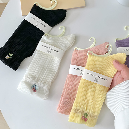 Solid color embroidered floral summer thin glass silk cassette women's college style mid-calf women's socks