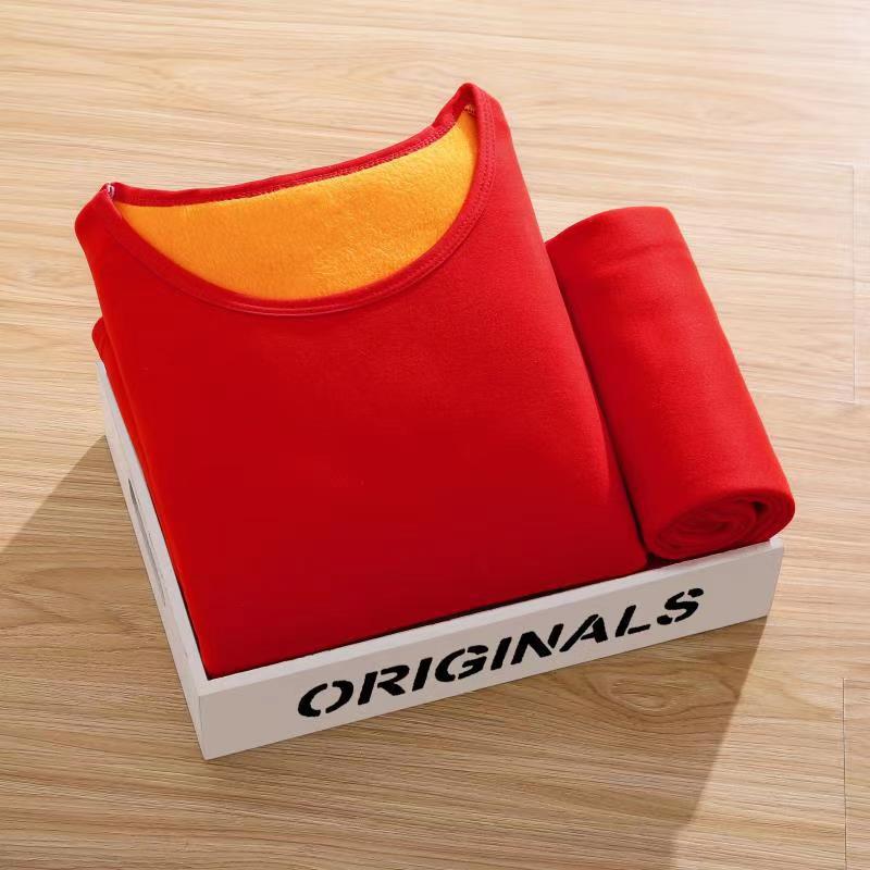 Autumn and Winter Thermal Intimates Women's Large Size Fleece-Lined Thickeneded Suit Pure Color Thermal Pajamas Women's Round Neck Slim Home Clothes