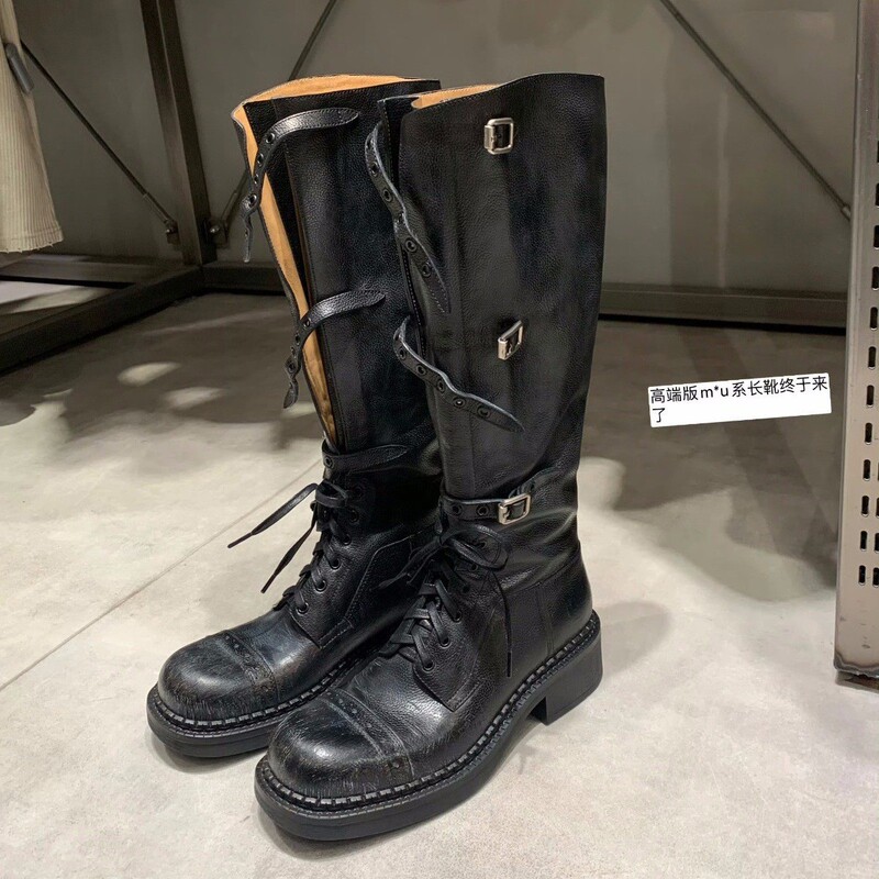 Sheepskin Edition ~ miu Fashionable Fine Belt Buckle Retro Thick Heel Long Barrel Knights Boots Women's Genuine Leather Thick Bottom Long Boots High Boots