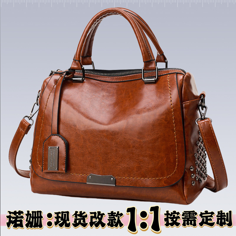 Women's Versatile Large-Capacity European and American Style Studded Shoulder Crossbody Handbag Boston Bag Trendy Hot Item