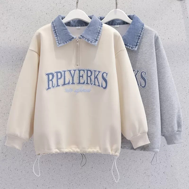 Half Zip Sweatshirt Women's 2024 Spring and Autumn New Fashion Denim Collar Stylish Student Women's Top Coat Women