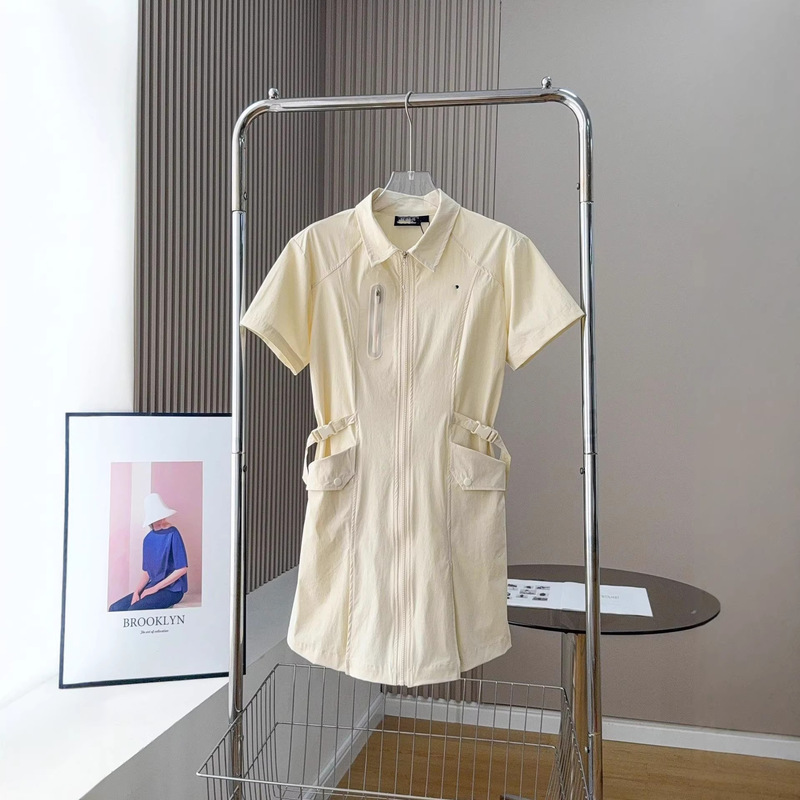 2026 New F Brand Women's Golf Clothing, Women's F Brand Short-Sleeve Dress with a Turn-Down Collar and Waist-Cinching Design, F Brand Long Dress