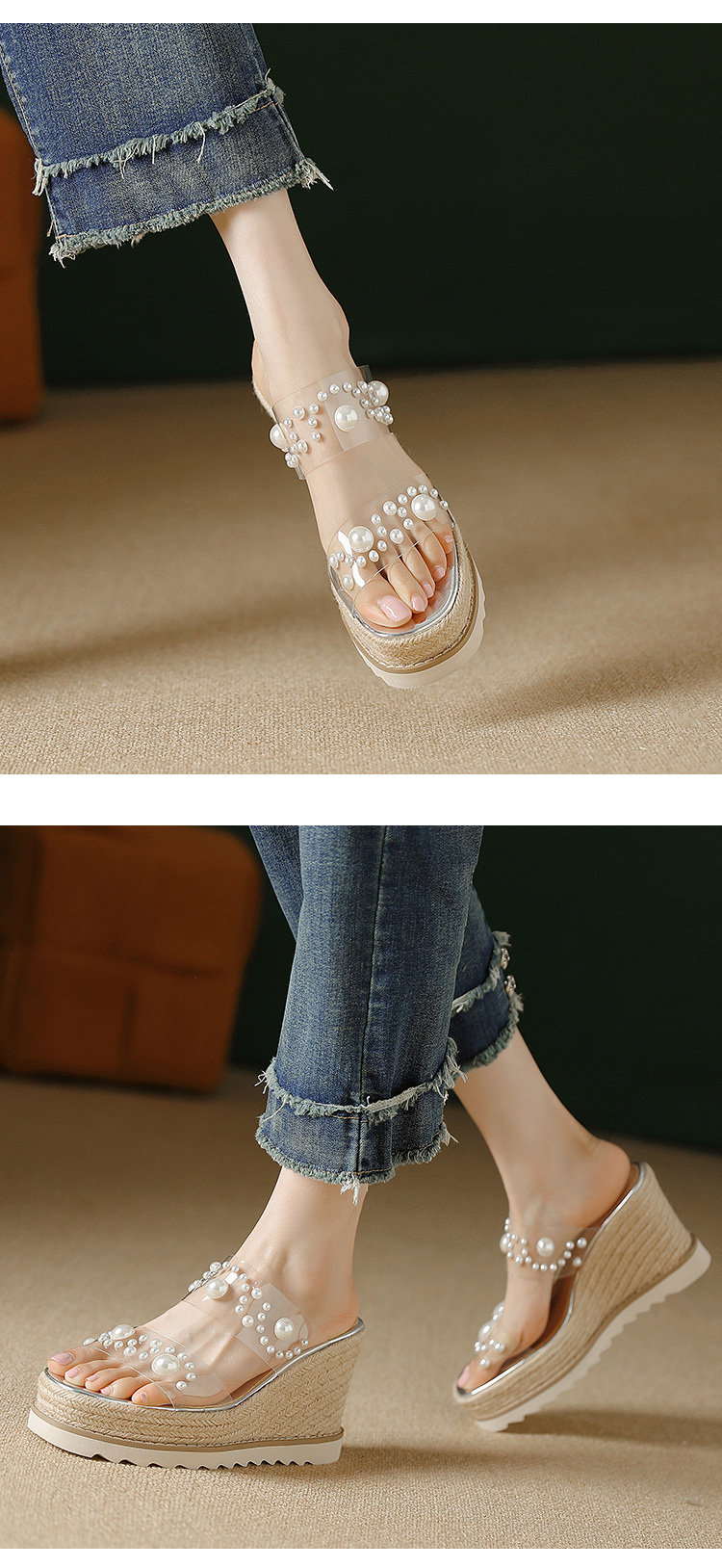 Dép sandal nữ quai chữ V đế xuồng cao gót trong suốt mũi vuông hở ngón kèm ngọc trai — bạc chi tiết 4