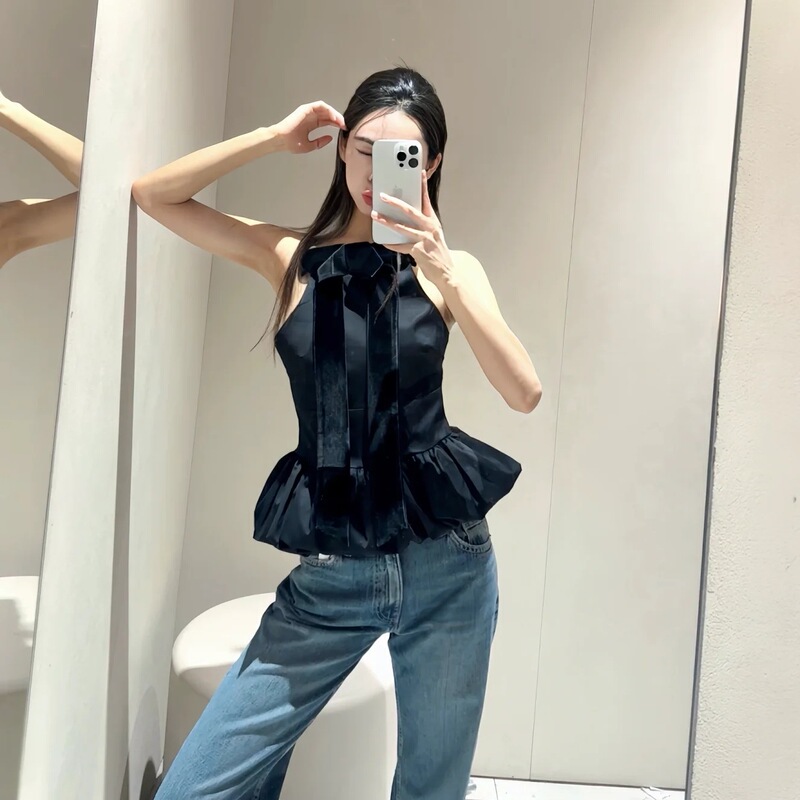 Foreign trade wholesale 2024 autumn ZA French bow decoration balloon version poplin backless shirt top 9004420