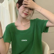 THE LEMON柠檬绿茶方领上衣女夏季新款糖果色温柔软糯针织短袖T恤
