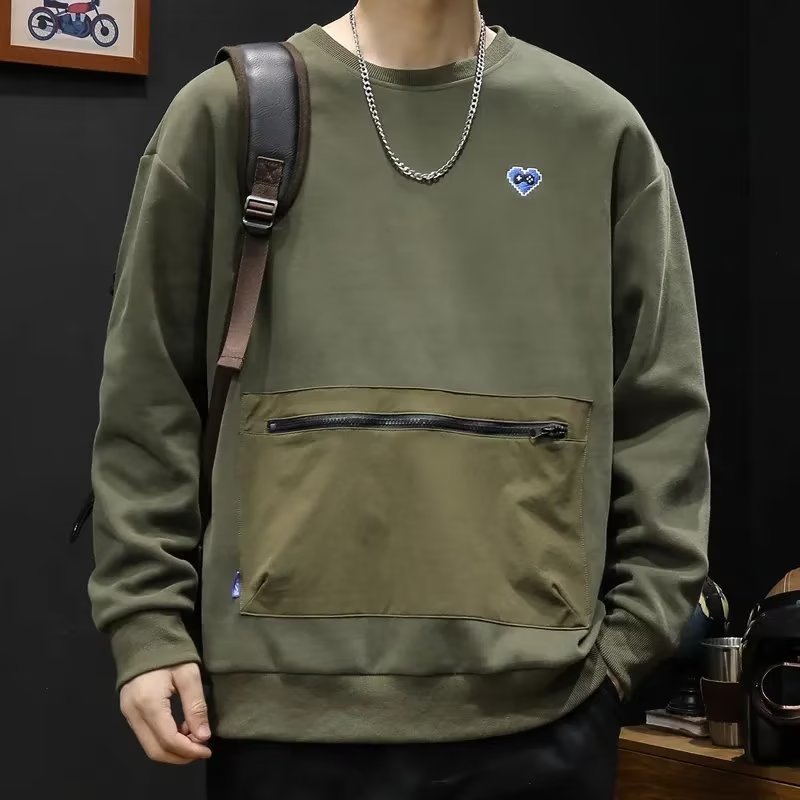 Primavera y otoño nuevo suéter de cuello redondo bolsillo de los hombres cremallera más tamaño suelta más tamaño de los hombres camisa de nicho manga larga moda