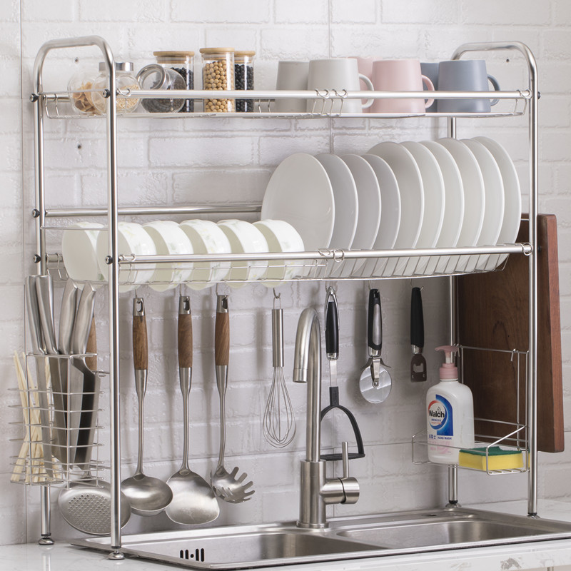 Manufacturer wholesale stainless steel double layer sink rack storage rack drain basket dish rack knife and chopstick rack kitchen kitchenware cross-border