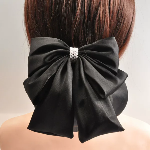Black Bow Hairpin Women's Summer High-end Satin Pearl Hair Accessories Elegant All-match Head Hair Headwear