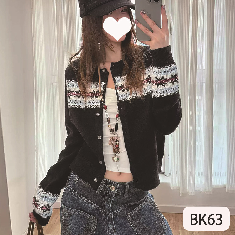 American Retro Romantic Fair Isle Knitted Cardigan for Women in Autumn and Winter Contrasting Color Bottoming Shirt Jacquard Long-Sleeved Sweater Jacket