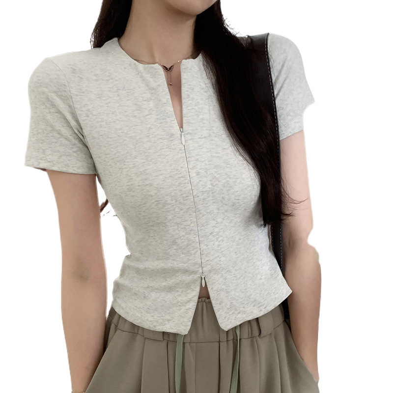 ブランドのヨーロッパのギャルのダブルジッパーのデザイン感のある肩の半袖のカーディガンのtシャツの女性の夏は腰を収めて明らかにやせています。|undefined