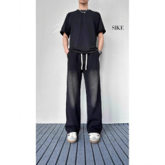 高街蓝色磨白灰牛仔裤春夏秋冬青少年直筒宽松阔腿松紧腰男拖地裤