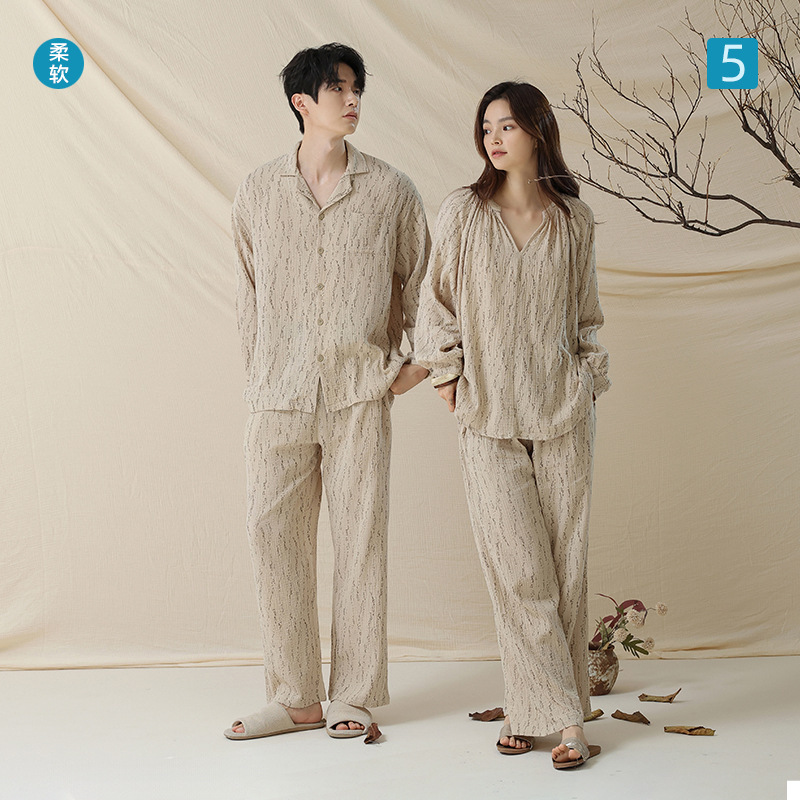 [Baby Cotton] Double-Layer Yarn Type a Cotton Couple Pajamas Women's Autum Long-Sleeved Cotton Men's Home Wear Set