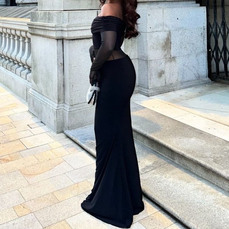 New Arrival Fashion Elegant Off Shoulder Long Sleeve Slim Fit Sheer Mesh Dress Women's Casual Party Evening Cocktail Dress_ecoleips.com
