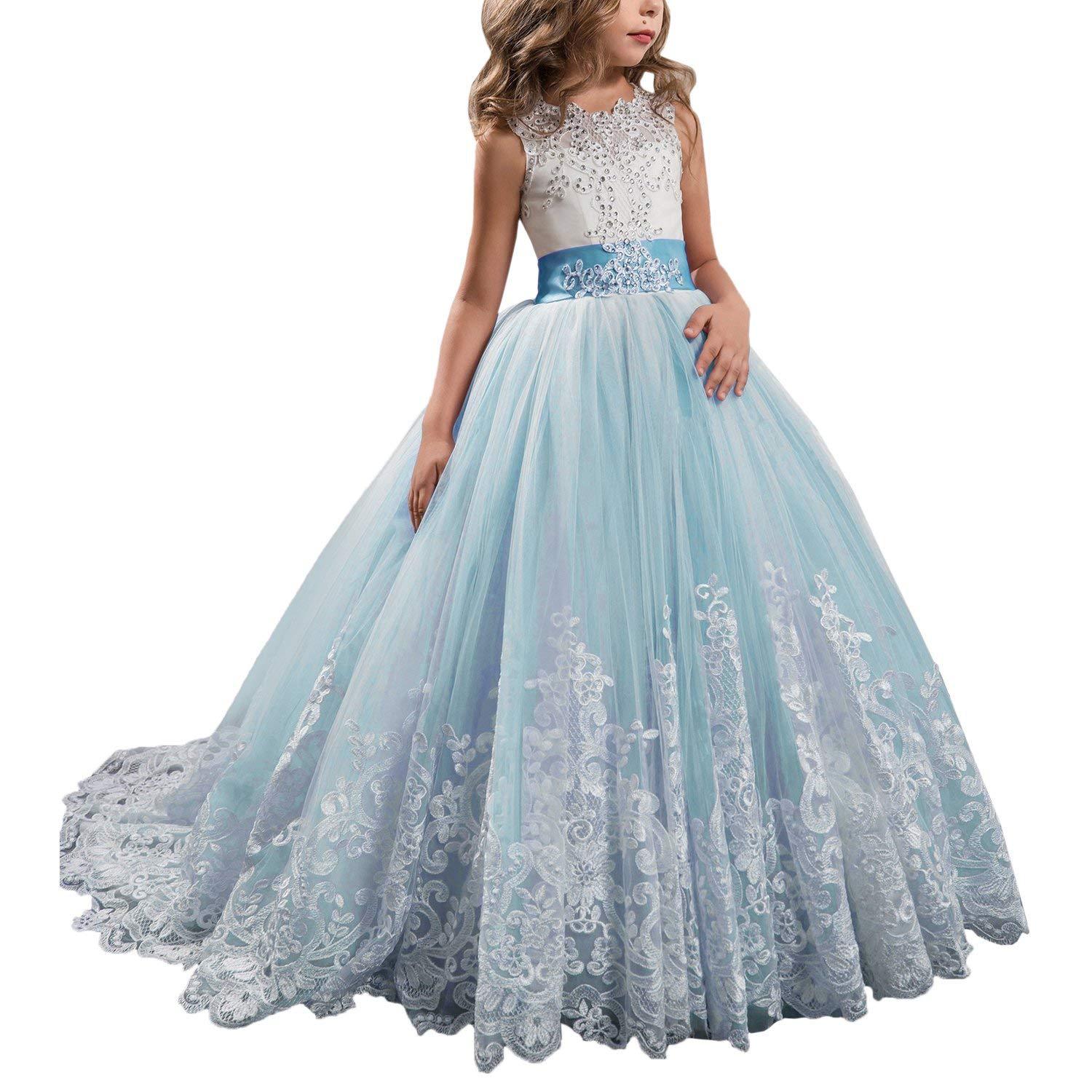 Vestidos de niña estilo princesa con encaje y malla, para fiestas de cumpleaños, damitas de honor y bodas, estilo europeo y americano.