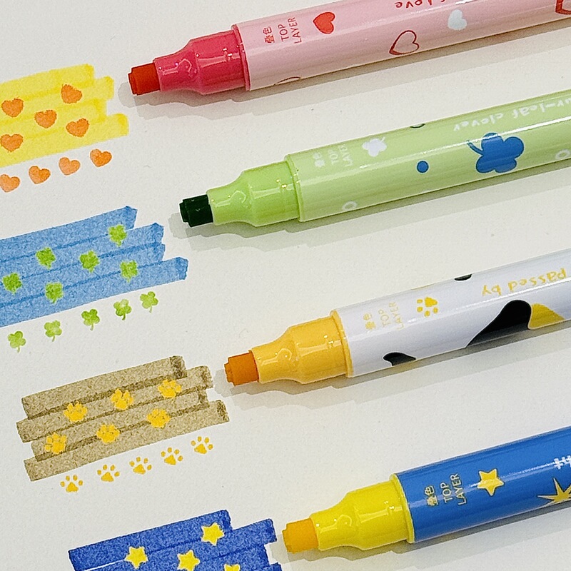 ペンファングは、重ね塗りスタンプ、両頭蛍光ペン、学生用カラーマーカー、ハンドブック用ペン、ハート、四つ葉のクローバー、猫の爪、星を言いました。|undefined