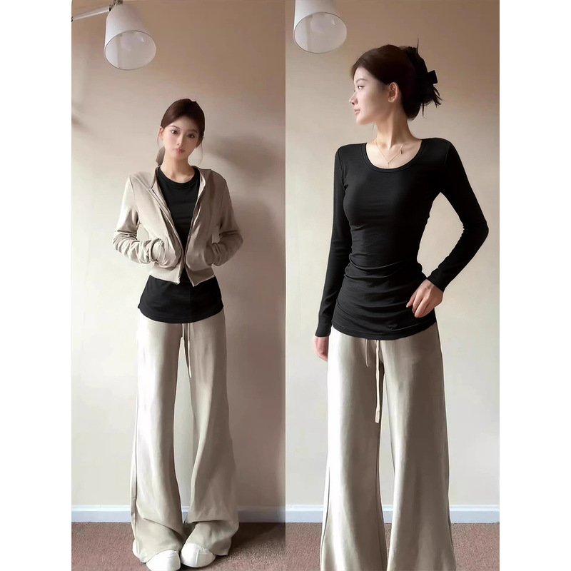 Black Short-Sleeved Top, Slim-Fitting Mid-Length, Extended Base Layer, Tight-Fitting T-Shirt, Early Autumn Chic Korean Style Outfit