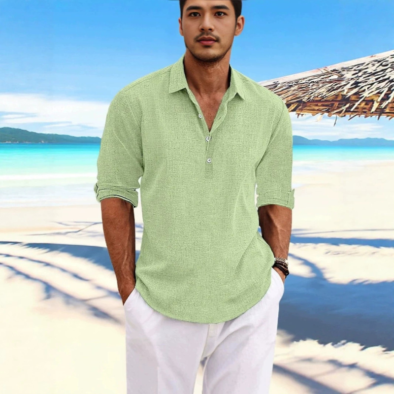 Cross-Border Men's Clothing Summer New Style Men's Amazon Men's Solid Color Shirts Tops Linen Casual Hot Selling