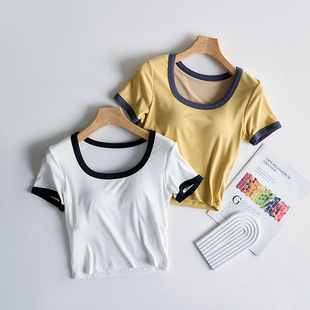 Short-sleeved T-shirt Women's Summer Short Shoulder Small Sexy Inner Large U-collar Contrast Color Tight Base Shirt 2025 New