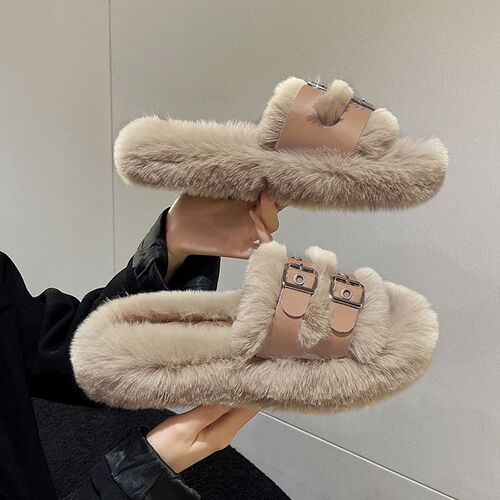 Thick-soled slippers for women, summer wear, 2024 new fashion internet celebrity plush one-word outdoor fur slippers autumn and winter 