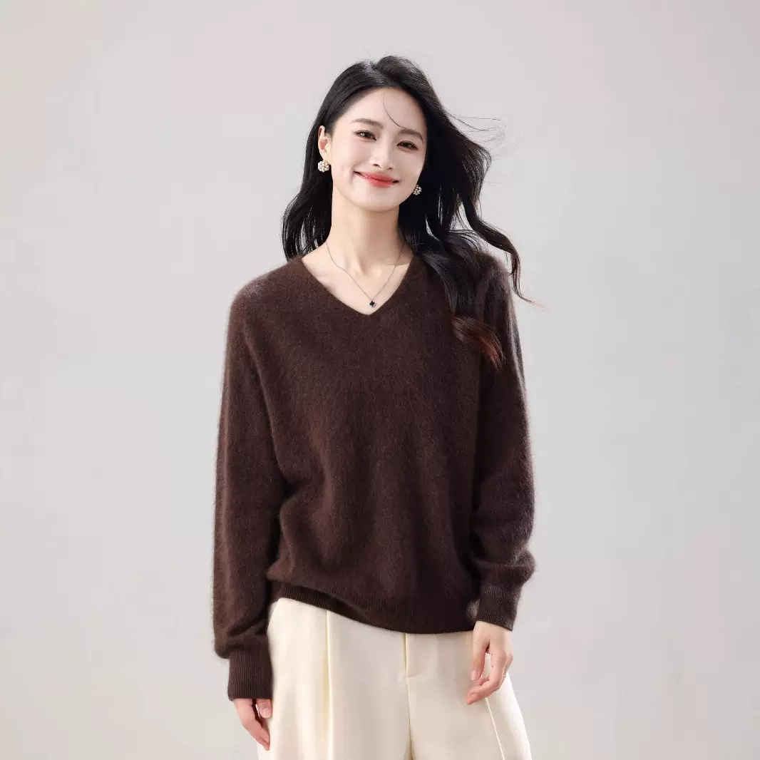 拉绒 25年新 5%山羊绒95%澳洲羊毛 V领无缝拉毛羊绒女 濮院毛衫厂