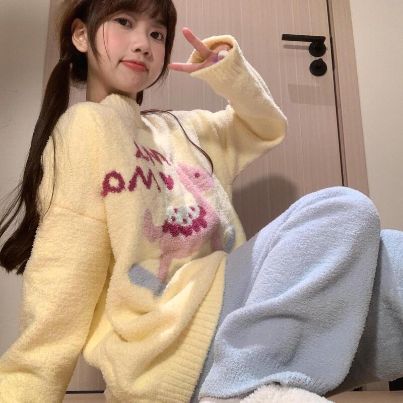 Plush Thickened Soft Plush Knitted Pajamas for Women Winter Cute Cartoon Pony Half Velvet Home Clothes Set