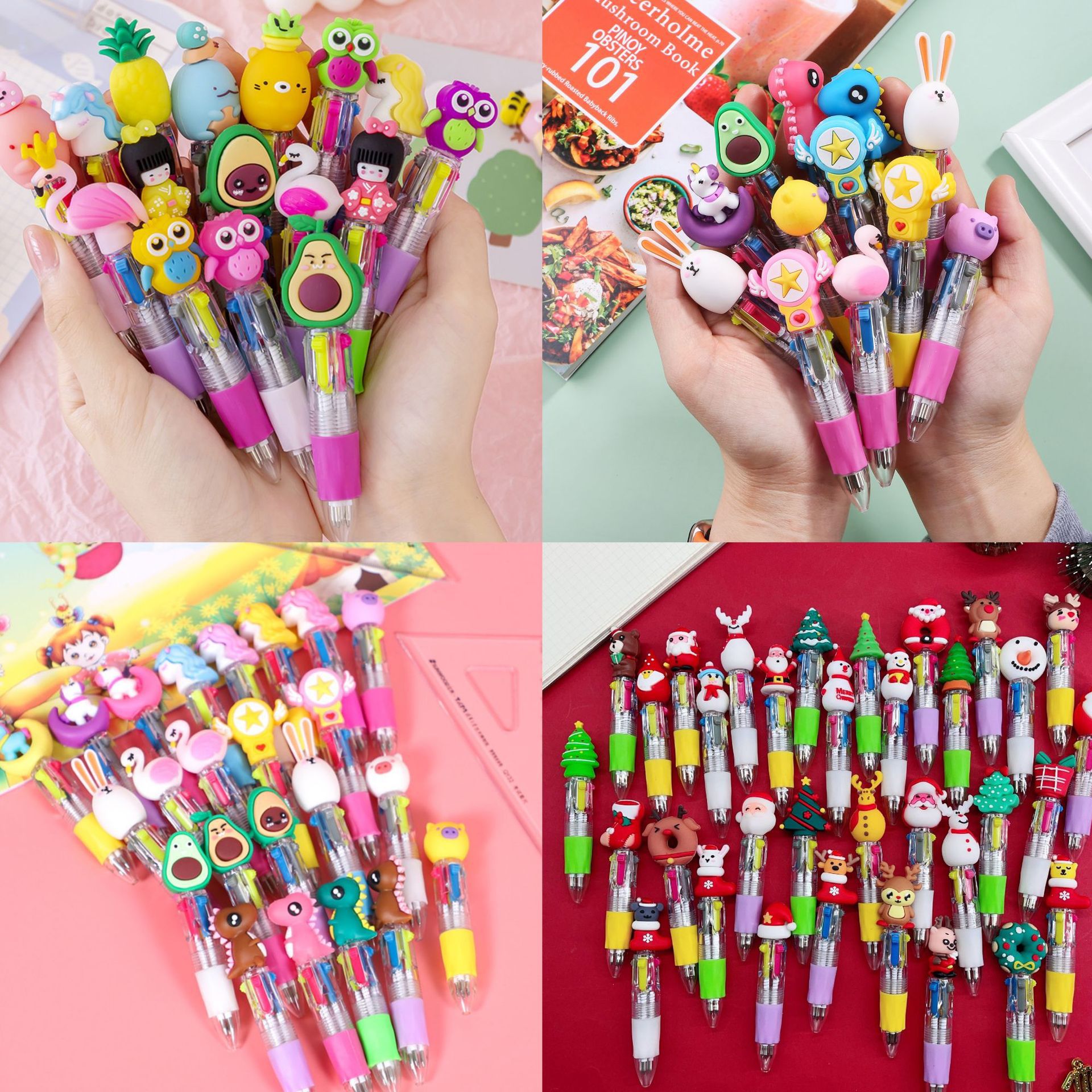 Fabricante mayorista de cuatro colores bolígrafo de silicona bolígrafo multicolor de dibujos animados cabeza portátil de estudiantes