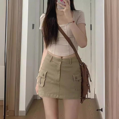 Women's Workwear Half-Skirt 2024 Summer New Fashion High-Waist Khaki Color Slimming Hot Girl A-Line Skirt Bustier Short Skirt