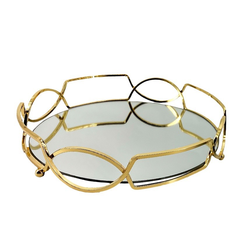 Hogar plato de fruta de hierro de estilo europeo cuadrado artesanía de hierro bandeja redonda decoración artesanal de vidrio bandeja de almacenamiento de café ins