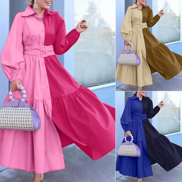 Women's Shirt Dress Fashion Turndown Patchwork Long Sleeve Color Block Maxi Long Dress Outdoor display picture 1