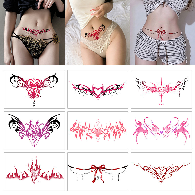 Red-toned seductive waist and abdomen tattoo sticker, heart flame bow totem, sexy waterproof belly tattoo sticker for women Red-toned seductive waist and abdomen tattoo sticker, heart flame bow totem, sexy waterproof belly tattoo sticker for women