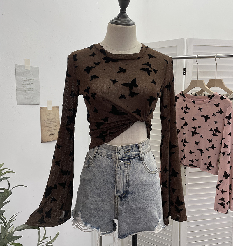 Sexy Butterfly Flocking Shiny Mesh Long Sleeve T shirt Large Bell Sleeve Short Slim Top