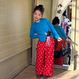 韩国童装2026女童春季新款条纹拼接T恤毛衣开衫+波点裤女童套装