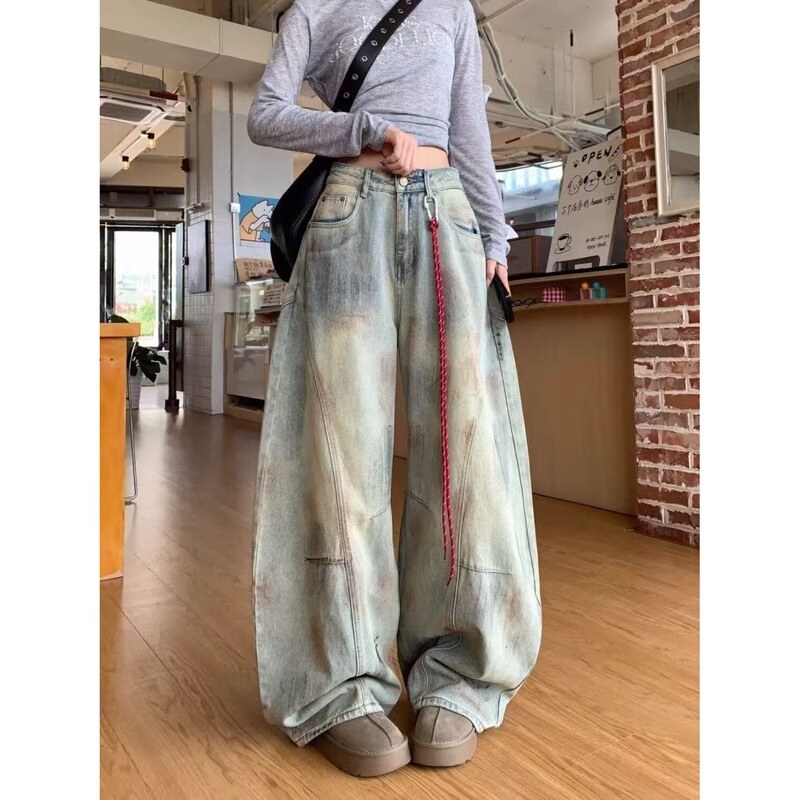 Bad Taste Western Handmade Beaded Dirty Distressed Ripped Floor-Length Wide-Leg Jeans