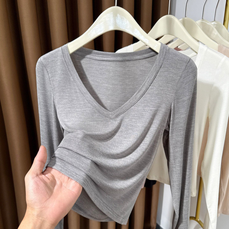 Super Soft Modal Cotton~ Solid Color V-Neck Long-Sleeve Base Shirt for Women, Slim Fit, Flattering, Suitable for Autumn and Winter, Inner Wear T-Shirt Top Super Soft Modal Cotton~ Solid Color V-Neck Long-Sleeve Base Shirt for Women, Slim Fit, Flattering, Suitable for Autumn and Winter, Inner Wear T-Shirt Top
