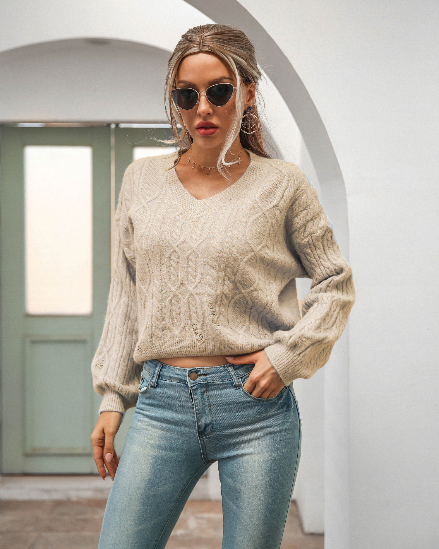 women s loose V-neck pullover long-sleeved twist sweater nihaostyles clothing wholesale NSBY76603