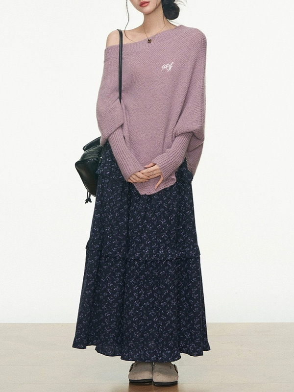 7.20新品 WESTAYON 斜肩毛衣上衣女宽松慵懒+碎花半身长裙小个子|undefined