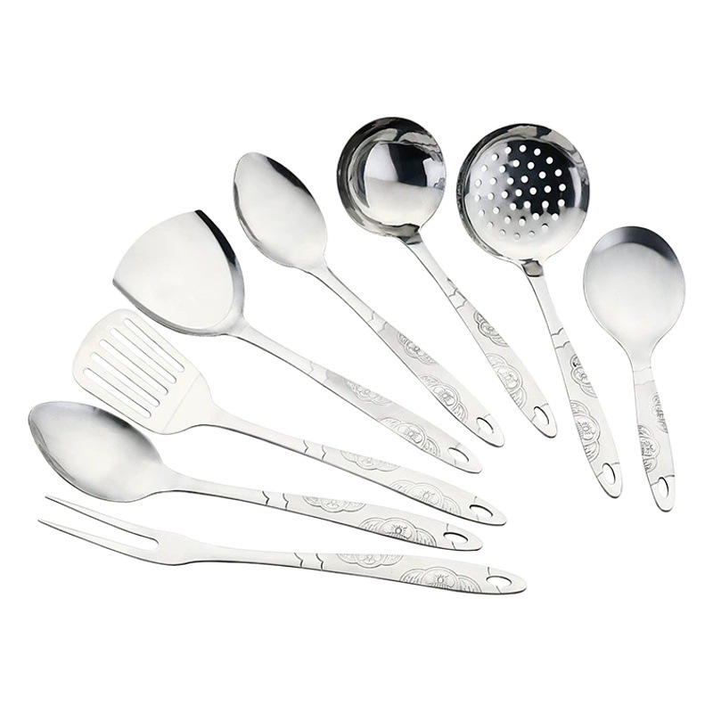 Juego de utensilios de cocina de acero inoxidable 410 - Incluye espátula, cucharón, colador y tenedor - Diseño de girasol - Venta al por mayor