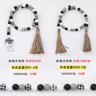 Cross-border Supply Hemp Rope Tassel Wooden Beads String Tag Black and White Plaid Wooden Beads Christmas Tree Decoration Crafts Ornaments