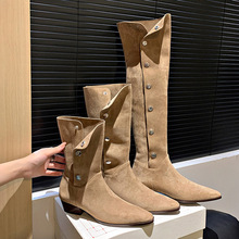 美拉德尖头堆堆靴女西部牛仔靴2025秋冬新款纽扣高筒靴粗跟长筒靴