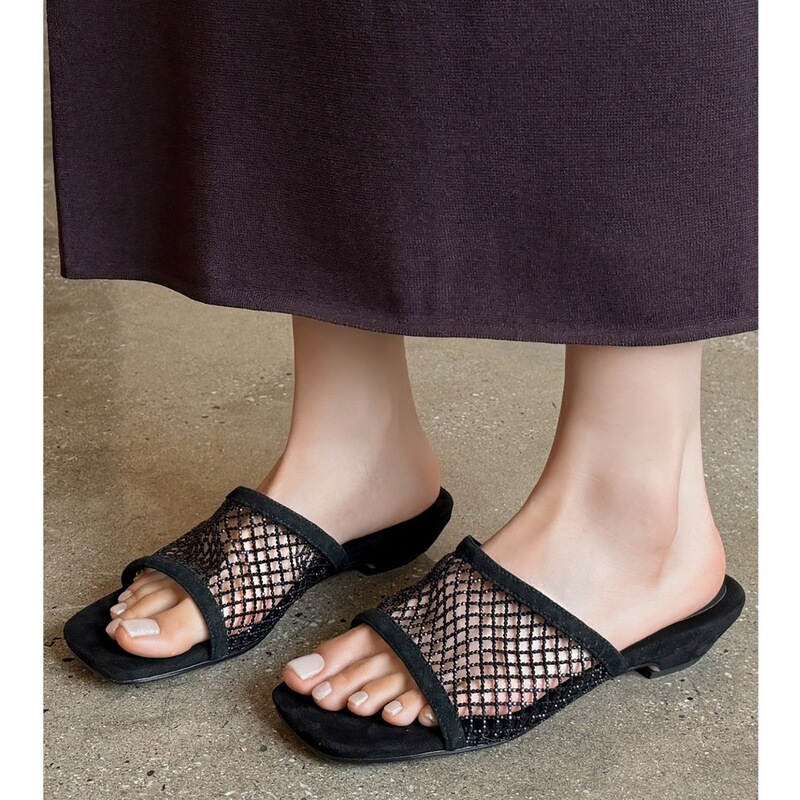 Super Stylish~ 2cm Low-Heeled Women's Summer Slippers with Rhinestones, Mesh, Hollow Design, Breathable, Mid-Heel Fairy-Style Sandals