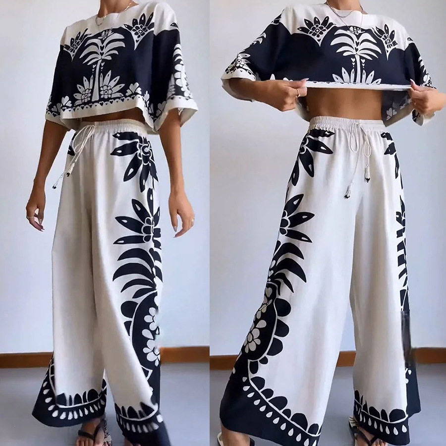 249g Weight Half Sleeve Sleeve Length Polyester Fabric Type Pant Co-ord Set Sets Type Holiday Daily Beach Women's Vacation Printing Polyester Tassel Pant Co-ord Set Pants Sets