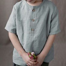 2025年夏季新款中袖衬衫可爱宝宝棉麻亲肤童装木质单排扣圆领上衣