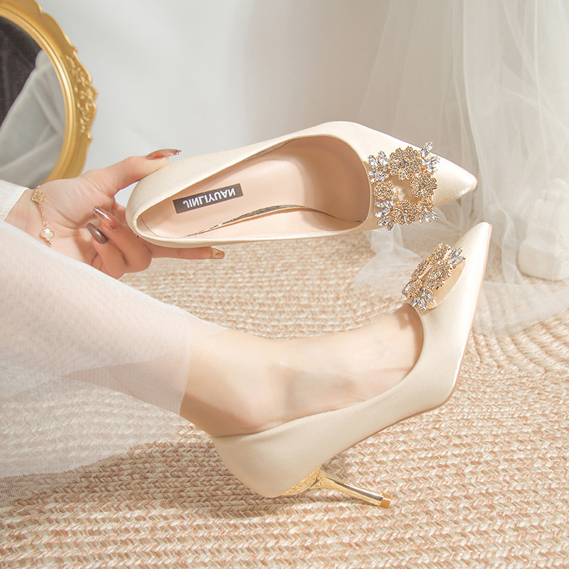 Main Wedding Dress, Wedding Shoes, French-Style High-End Niche Bridal Shoes, Xiuhe High Heels, Stiletto Heels, Champagne Color, Commuting