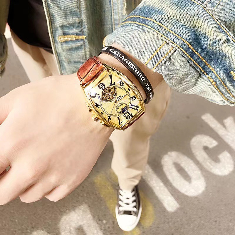 SEWOR reloj mecánico automático para hombre tipo barril cinturón inferior transparente hueco reloj para hombre reloj de personalidad de Vidrio Curvo