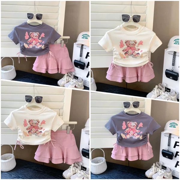 Girls Cartoon Casual suit Summer 2025 New Fashion Stylish Baby Short-sleeved Top Skirt Two-piece Set